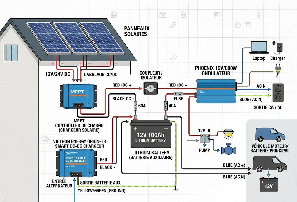 Diagramme: Panneau Solaire, Chargeur DC-DC, Batterie, Ondulateur